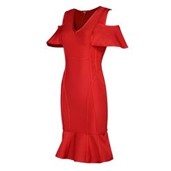 Women's Elegant Cold Shoulder V Neck Ruffle Midi Bodycon Party Dress N15237