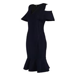Women's Elegant Cold Shoulder V Neck Ruffle Midi Bodycon Party Dress N15238