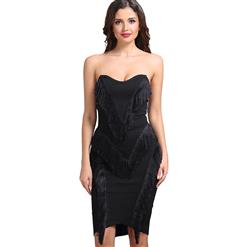 Women's Sexy Black Strapless Sweetheart Neck Fringed Bodycon Bandage Dress N15243