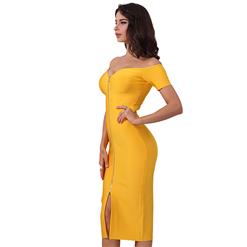 Women's Sexy Yellow Sweetheart Neck Off Shoulder Bodycon Bandage Party Dress N15245