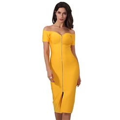 Sexy Dress for Women, Fashion Midi Dresses, Bodycon Party Dress, Sweetheart Neck Bodycon Dress, Off Shoulder Dresses, Yellow Bodycon Bandage Dress, #N15245