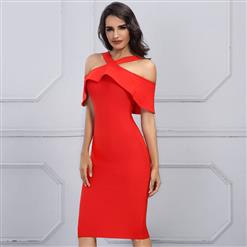 Women's Sexy Cold Shoulder Crossover Falbala Bodycon Bandage Party Dress N15248