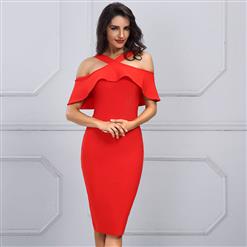 Women's Sexy Cold Shoulder Crossover Falbala Bodycon Bandage Party Dress N15248
