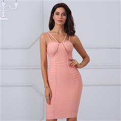 Sexy Dress for Women, Fashion Midi Dresses, Bodycon Party Dress, Spaghetti Straps Bodycon Dress, Stripe Women's Dresses, Pink Bodycon Bandage Dress, #N15252