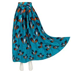 Women's Elegant Peacock Feather Print Maxi Cotton Skirt with Belt N15271