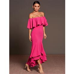 Women's Elegant Off Shoulder Ruffled Sleeve Irregular Maxi Dress N15289