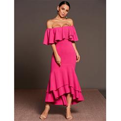 Women's Elegant Off Shoulder Ruffled Sleeve Irregular Maxi Dress N15289