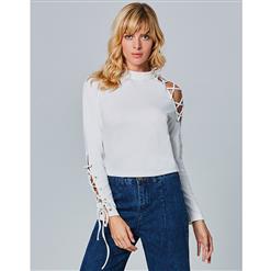 Long Sleeve Tops, Stand Collar Tops, Lace-up Tops for Women, Pullover Tops, Knitwear Tops, Hollow Top, Casual Tops for Women, #N15293