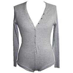 Women's Sexy Grey Long Sleeve V Neck Snap Buttons Bodysuit N15322