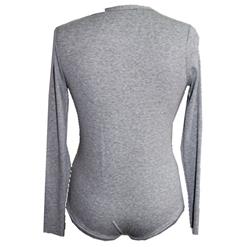 Women's Sexy Grey Long Sleeve V Neck Snap Buttons Bodysuit N15322