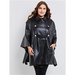 Women's Black Faux Leather Batwing Sleeve Zipper Button Plus Size Overcoat N15348