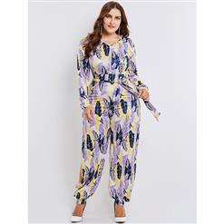 Women's Long Sleeve Feather Print Full Length Lace-up Slit Plus Size Jumpsuit N15353