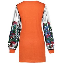 Women's Long Sleeve Round Collar Floral Embroidery Mesh Patchwork Pullover Dress N15355