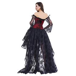 Women's Fashion Plastic Boned Red Overbust Long Floral Lace Sleeve Corset Organza Skirt Set N15391