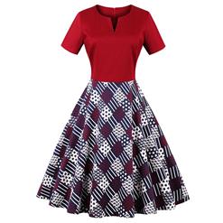 Women's Red Vintage Round Neck Short Sleeve Color-block Patchwork Swing Dress N15423
