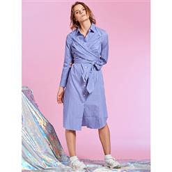 Women's Fashion Straight Lapel Button Down Stripe Blue Long Shirt Midi Dress N15431