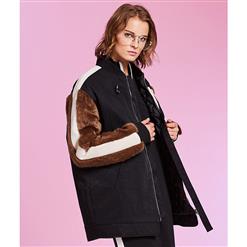Women's Black Stand Collar Long Fur Sleeve Zipper Jacket N15432