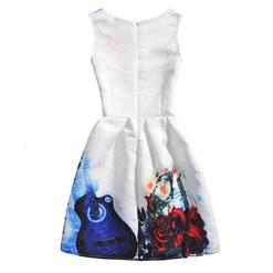 Little Girls' White Sleeveless A-Line 50's Vintage Printed Playwear Swing Dress N15471