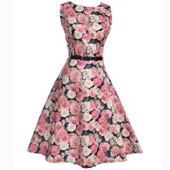 Vintage Dresses for Girls, Floral Print Dress, Sleeveless Dress, Round Collar Dress, Back Zipper Dress, Retro Dresses for Girls, Swing Dress, #N15477