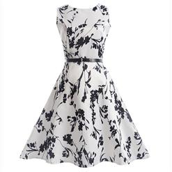 Girl's Vintage Black Floral Print Sleeveless Round Collar Swing Dress N15478