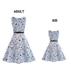 Vintage Dresses for Mother and Daughter, Floral Print Family Matching Dress, Sleeveless Round Collar Printed Dress, Back Zipper Family Matching Dress,