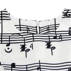 Girl's Vintage Music Note Print Sleeveless Round Collar Swing Dress N15483