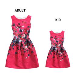 Mother and Daughter Vintage Hot-Pink Sleeveless A-Line 50's Butterfly Print Playwear Swing Dress N15486