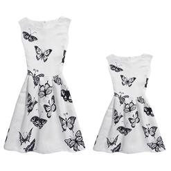 Mom＆Me Family Matching Vintage White Sleeveless Butterfly Pattern A-Line Casual Tank Dress N15509