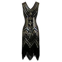 1920s Black Sleeveless V Neck Sequin Inspired Cocktail Fringed Flapper Dress N15514