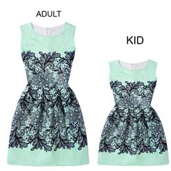 Mom＆Me Family Matching Light-Blue Vintage Sleeveless Printed A-Line Casual Dress N15517