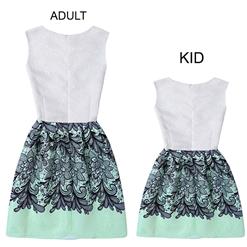Mom＆Me Family Matching Light-Blue Vintage Sleeveless Printed A-Line Casual Dress N15517