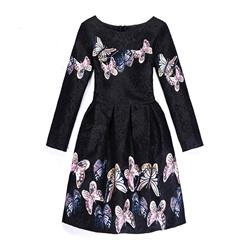 Girl's Vintage Black Long Sleeve Round Collar Cute Butterfly Pattern A-Line Dress N15521