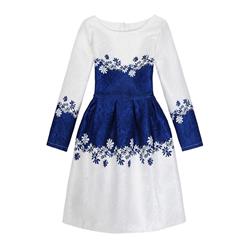 Girl's Vintage White Floral Print Long Sleeve Round Collar A-Line Dress N15525