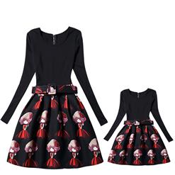 Black Vintage Long Sleeve Cartoon Girl Print Mother and Daughter A-Line Family Matching Dress N15535