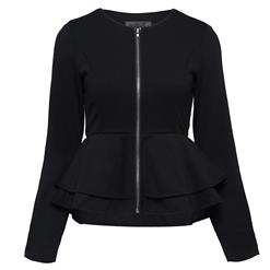 Women's Black Round Neck Long Sleeve Front Zipper Peplums Blouse N15560