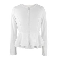 Women's White Round Neck Long Sleeve Front Zipper Peplums Blouse N15561