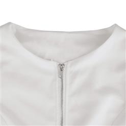 Women's White Round Neck Long Sleeve Front Zipper Peplums Blouse N15561