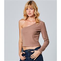 Women's Khaki One Shoulder Oblique Neck Long Sleeve Lace-up Blouse N15562