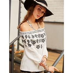 Women's White Off Shoulder Retro Floral Embroidery Loose Blouse N15574
