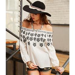 Off Shoulder Casual Blouse, Fashion Blouse for Women, Long Sleeve Blouse, Simple Style Blouse, White Casual Blouse, Sexy Fashion Blouses, Cotton Blouse White, #N15574