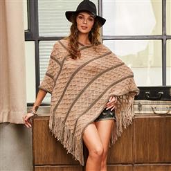V Neck Casual Capes, Fashion Capes for Women, Knitted Tassel Shawl, Pullover Sweater Wrap Shawl, Khaki Casual Capes, Winter Thick Knitted Warm Pullover Capes, #N15586
