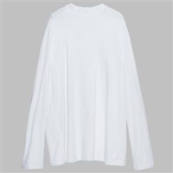 Women's White Long Sleeve Loose Round Neck Mid-Length Shirt N15666