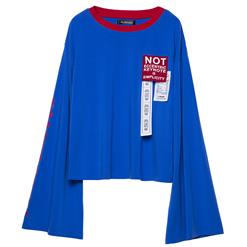 Women's Blue Round Neck Letter Print Flare Sleeve Casual T-shirt N15667