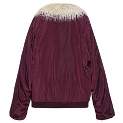Women's Fashion Wine Red Long Sleeve Faux Fur Lapel Pocket Loose Jacket N15669