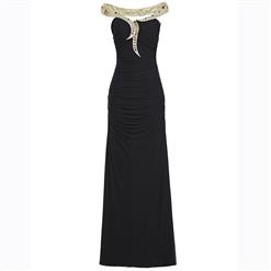 Women's Black Sleeveless Off Shoulder Beaded Ruffle Sheath Evening Dress N15745