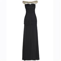 Women's Black Sleeveless Off Shoulder Beaded Ruffle Sheath Evening Dress N15745