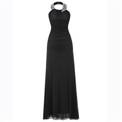 Women's Black Sleeveless Halter Beaded Pleated Sheath Evening Dress N15761