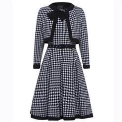 Two Pieces Dress Suit, Long Sleeve Printed Coat, Houndstooth Print Dress Suit, Sleeveless Round Neck Dress, Fashion Dress Suit for Women, Midi Printed A-Line Dress, #N15807