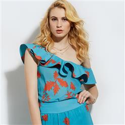Blue Floral Print Blouses, Sexy Women's Blouses, Blue Blouse Top, Sexy Blouse for Women, One Shoulder Blouse, Floral Print Blouses, #N15816