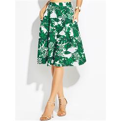 Fashion Women's Green A-line Leaf Print Pocket Skirt N15817